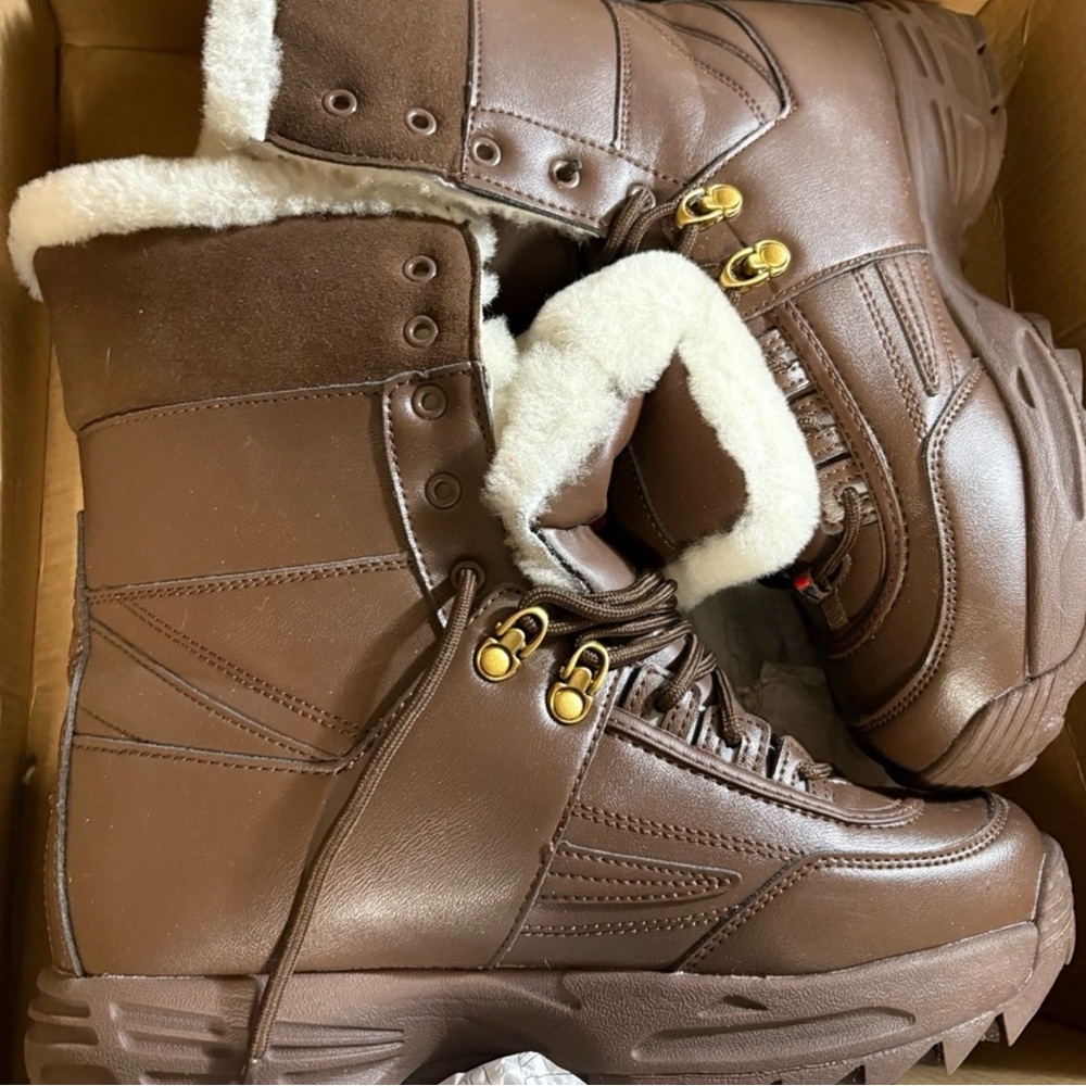 FILA Brown Leather Shearling-Trim Lace-Up Boot - Picture 3 of 6